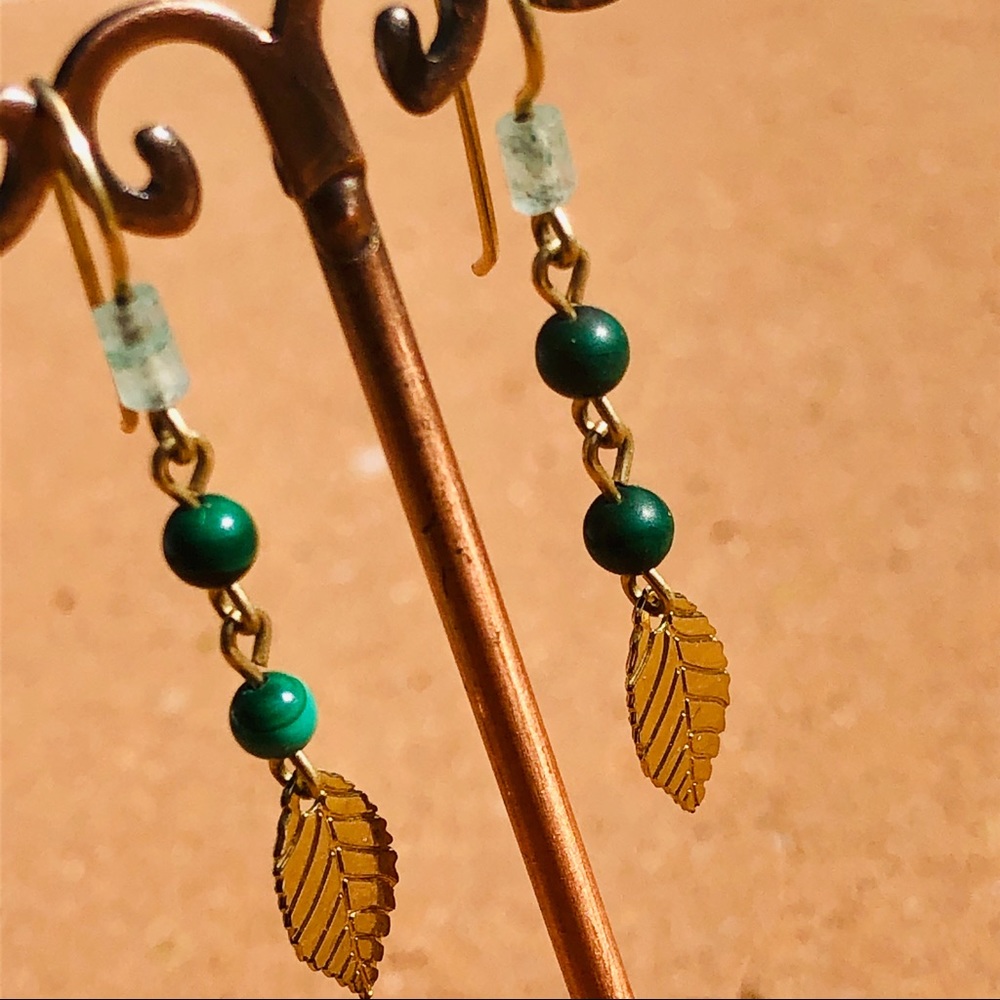 Gold Tone Leaf Malachite Gemstone Bead Earrings